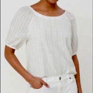 LOFT Puff Sleeve White Shimmer Stripe Top Small